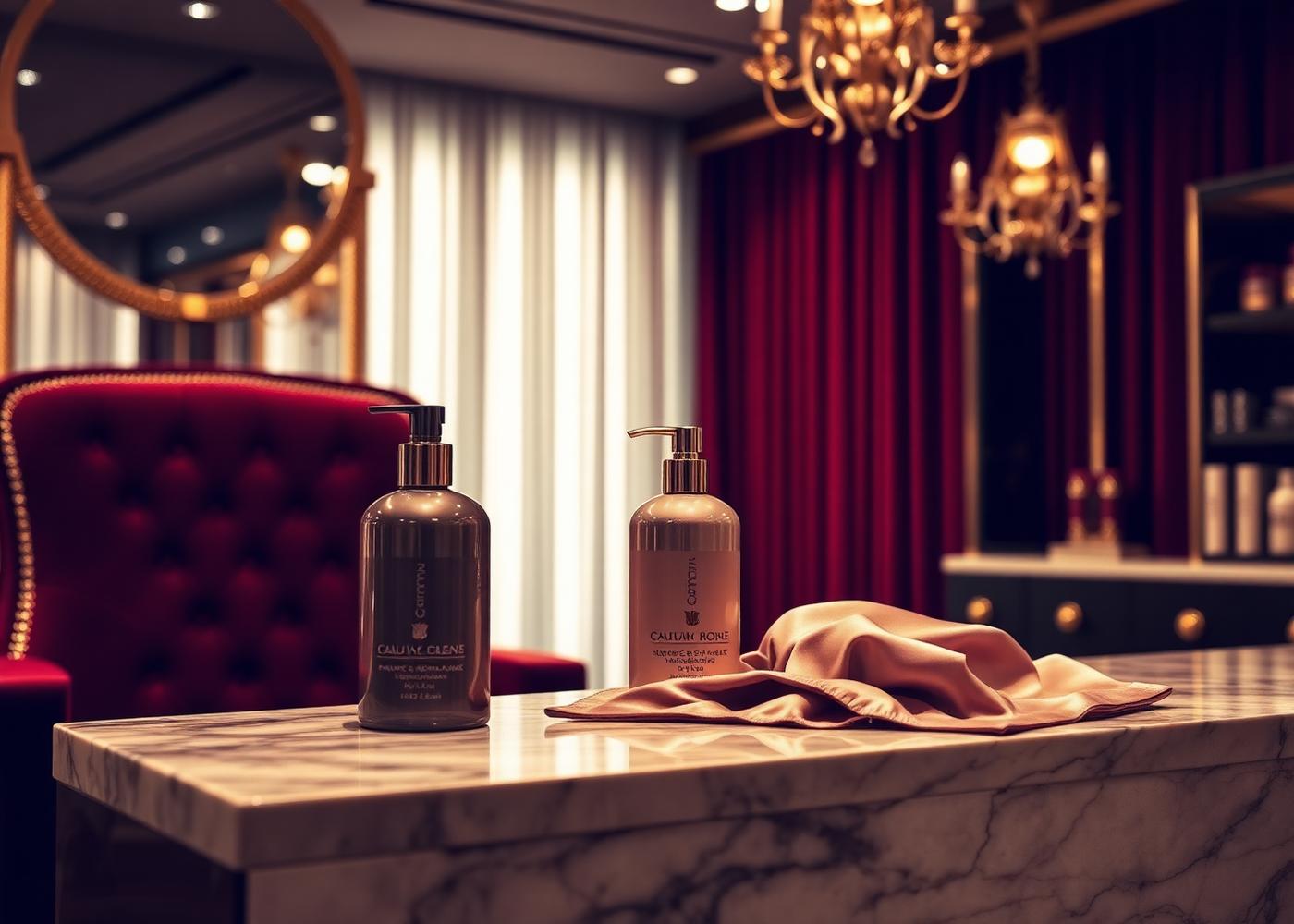 Luxury hair boutique detail with burgundy and gold accents